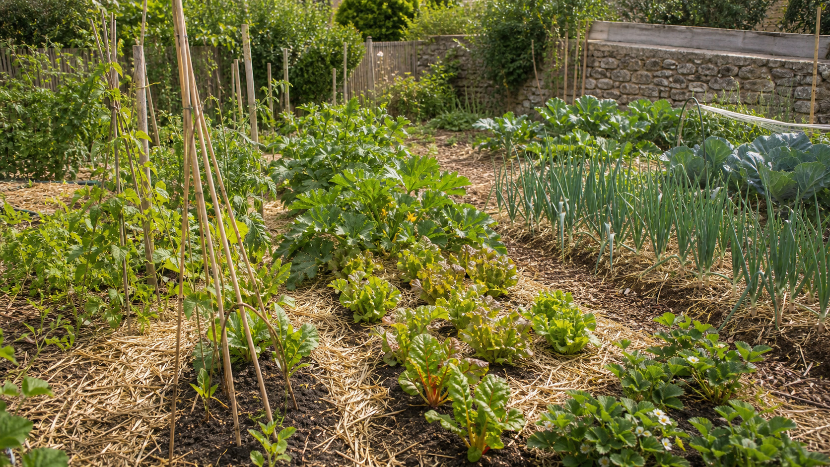 Potager paillé avec plantes variées et aucun produit de traitement visible